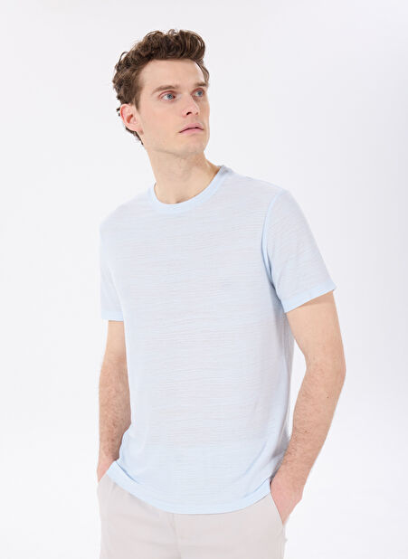 Fabrika Bisiklet Yaka Jakarlı Açık Mavi Erkek T-Shirt F5SM-TST 2733 -1
