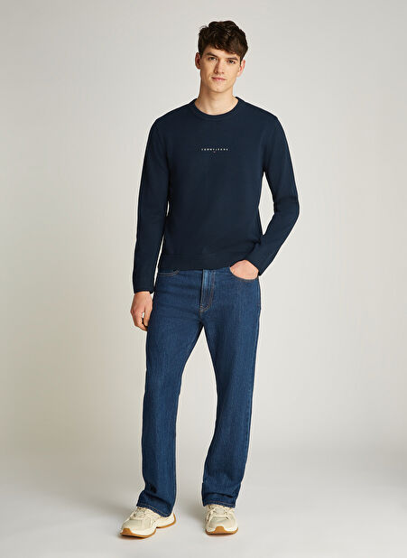 Tommy Jeans Bisiklet Yaka Regular Fit Koyu Lacivert Erkek Kazak DM0DM20299C1G TJM LINEAR SMALL CHES -1