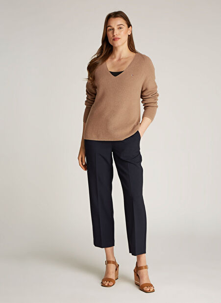 Tommy Hilfiger V Yaka Normal Kahve Kazak Kadın WW0WW44452RBC -1