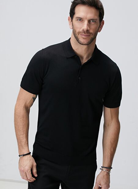 Network Polo Yaka Slim Fit Düz Siyah Erkek Kazak 1090454 -1