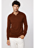 Slim Fit Dar Kesim Polo V Yaka Erkek Kahverengi Triko Kazak