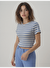 Mavi Beyaz Çizgili Bisiklet Yaka Kısa Kollu Kadın Crop T-Shirt SANDY