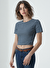 Siyah Gri Çizgili Bisiklet Yaka Kısa Kollu Kadın Crop T-Shirt SANDY