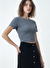 Gri Melanj Çizgili Bisiklet Yaka Kısa Kollu Kadın Crop T-Shirt SANDY