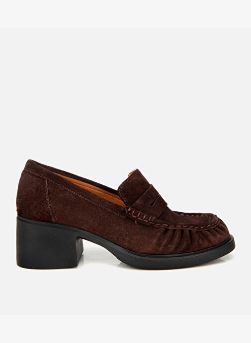 Kadın Süet Deri Kahverengi Kalın Topuklu Klasik Loafer 01AYH312760A480 - Görsel 2