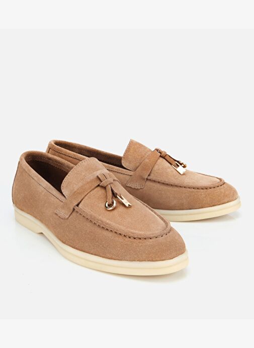 Kadın Süet Deri Bej Gold Aksesuarlı Klasik Loafer 01AYH313760A300 - Görsel 3