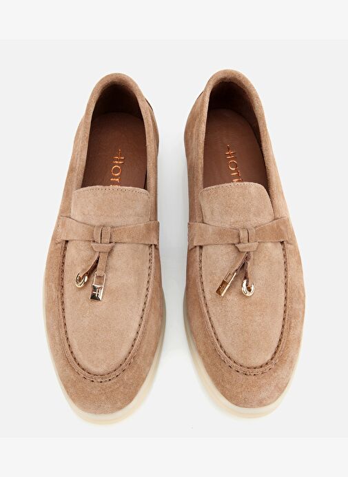 Kadın Süet Deri Bej Gold Aksesuarlı Klasik Loafer 01AYH313760A300 - Görsel 7