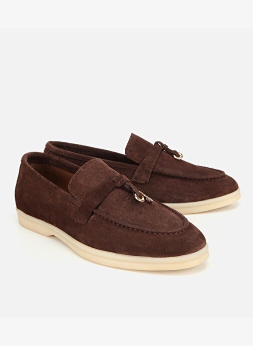 Kadın Süet Deri Kahverengi Gold Aksesuarlı Klasik Loafer 01AYH313760A480 - Görsel 3
