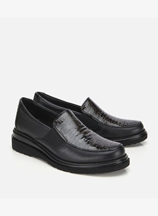 Kadın Deri Siyah Yılan Baskılı Dolgu Topuklu Günlük Loafer 01AYH314440A100 - Görsel 3