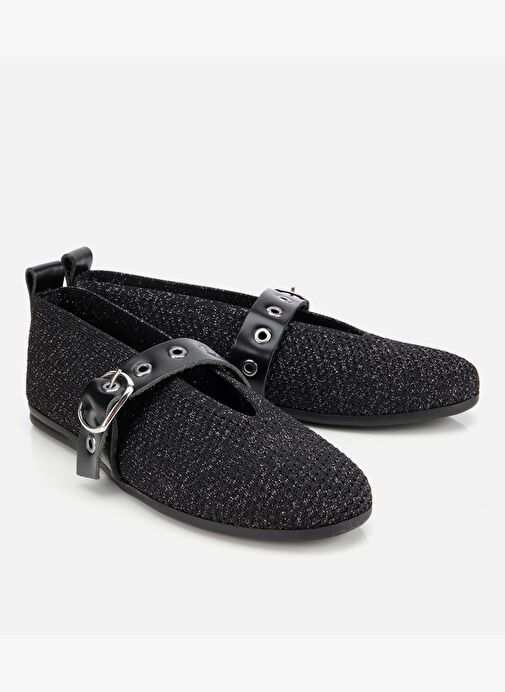 Kadın Siyah Örgü Detaylı Mary Jane Kemerli Babet 01AYH316560A100 - Görsel 3