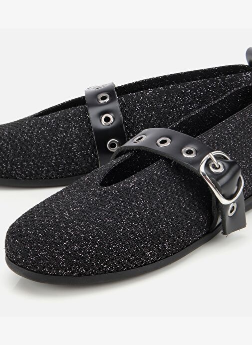 Kadın Siyah Örgü Detaylı Mary Jane Kemerli Babet 01AYH316560A100 - Görsel 4