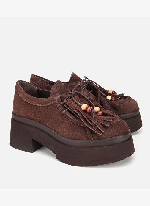 Kadın Süet Deri Kahverengi Püskül Detaylı Kalın Tabanlı Günlük Loafer 01AYH316840A480 - Görsel 3