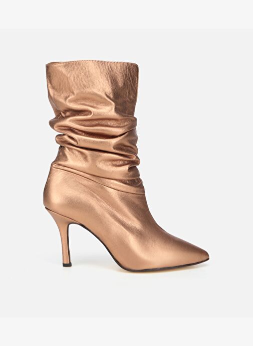 Kadın Deri Bronz Büzgülü Sivri Burunlu İnce Topuklu Bot 01BOH312730A470 - Görsel 2