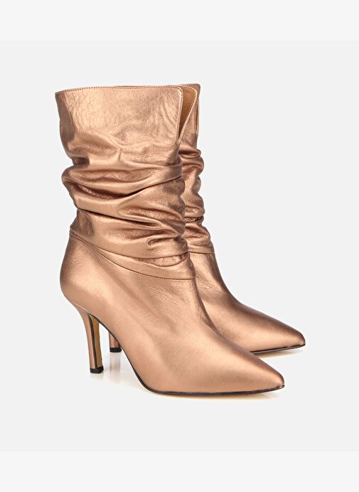 Kadın Deri Bronz Büzgülü Sivri Burunlu İnce Topuklu Bot 01BOH312730A470 - Görsel 3