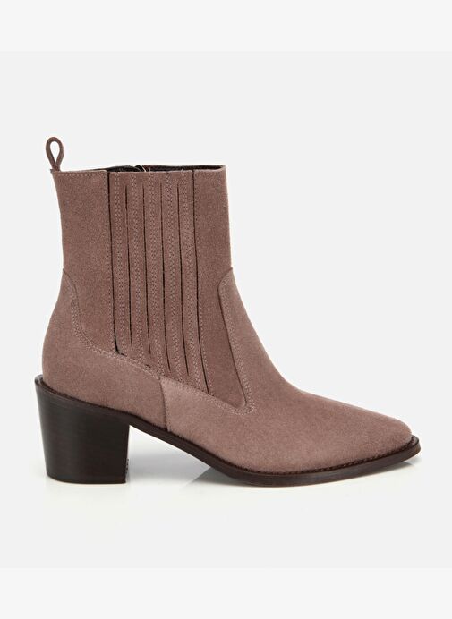 Kadın Süet Deri Vizon Sivri Burunlu Lastik Detaylı Topuklu Bot 01BOH313130A450 - Görsel 2