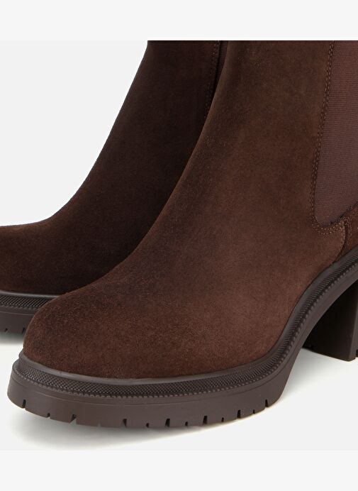 Kadın Süet Deri Kahverengi Lastik Detaylı Kalın Topuklu Bot 01BOH313170A480 - Görsel 4