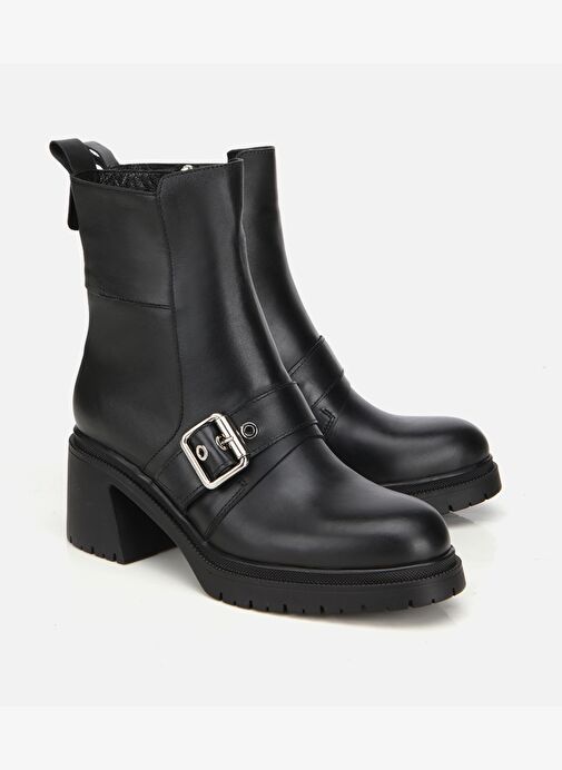 Kadın Deri Siyah Tokalı Kalın Tabanlı Topuklu Bot 01BOH313180A100 - Görsel 4