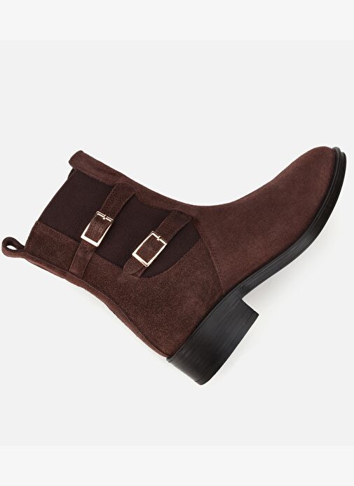 Kadın Süet Deri Kahverengi Lastik Detaylı Kemerli Bilekte Düz Bot 01BOH313400A480 - Görsel 7