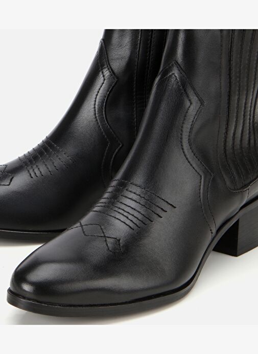 Kadın Deri Siyah İşlemeli Western Düz Bot 01BOH313440A100 - Görsel 4