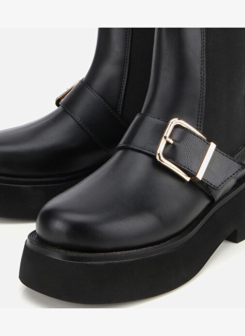 Kadın Siyah Lastik Detaylı Tokalı Kalın Tabanlı Düz Bot 01BOH314870A100 - Görsel 4