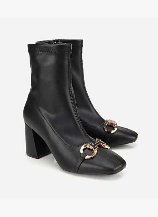 Kadın Siyah Tokalı Streç Fermuarlı Yüksek Topuklu Bot 01BOH314960A100 - Görsel 3