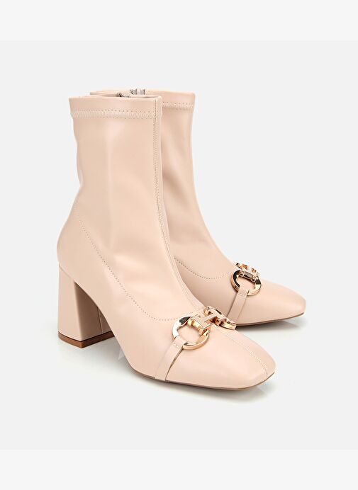 Kadın Bej Tokalı Streç Fermuarlı Yüksek Topuklu Bot 01BOH314960A310 - Görsel 3