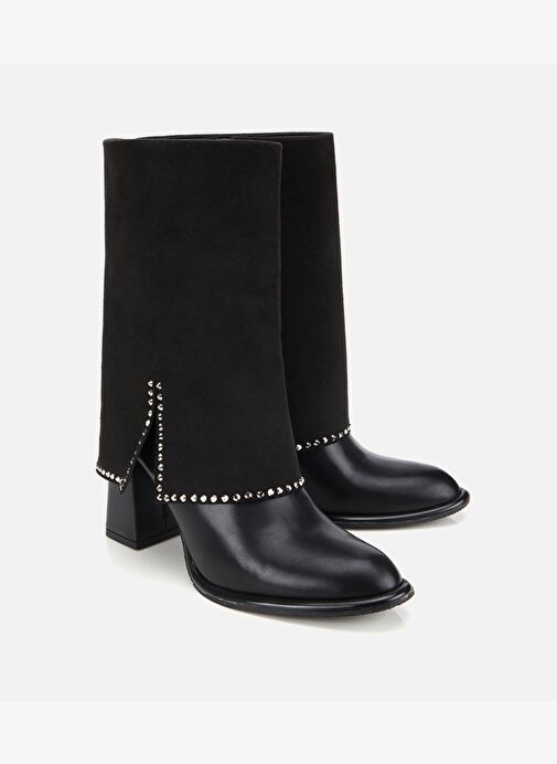 Kadın Siyah Pantolon Görünümlü Zımbalı Kalın Topuklu Bot 01BOH314970A100 - Görsel 3