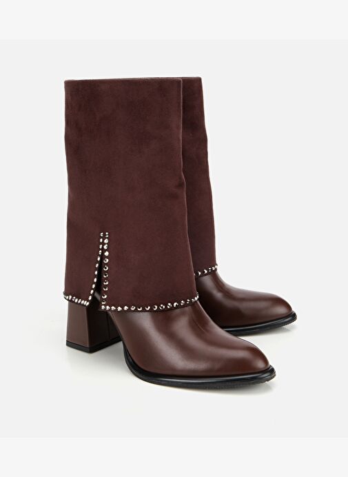 Kadın Kahverengi Pantolon Görünümlü Zımbalı Kalın Topuklu Bot 01BOH314970A480 - Görsel 3