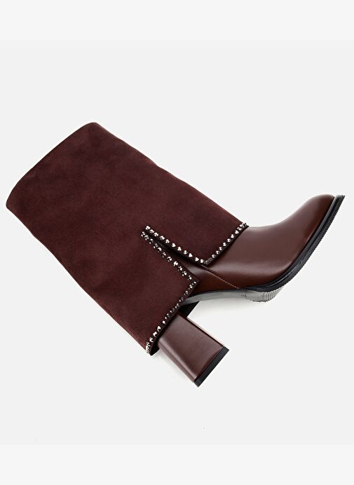 Kadın Kahverengi Pantolon Görünümlü Zımbalı Kalın Topuklu Bot 01BOH314970A480 - Görsel 7