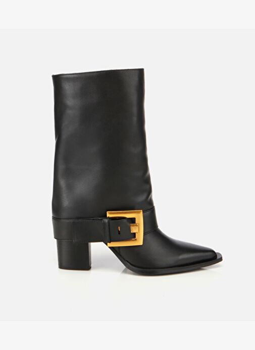 Kadın Deri Siyah Pantolon Görünümlü Gold Tokalı Kalın Topuklu Bot 01BOH315280A100 - Görsel 2