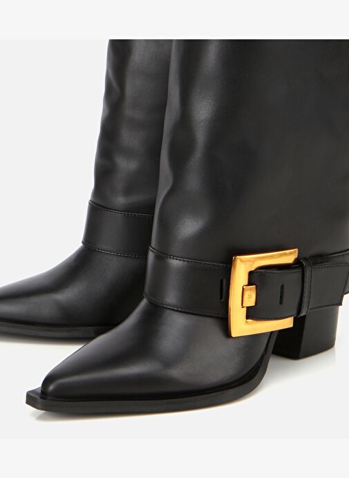 Kadın Deri Siyah Pantolon Görünümlü Gold Tokalı Kalın Topuklu Bot 01BOH315280A100 - Görsel 4