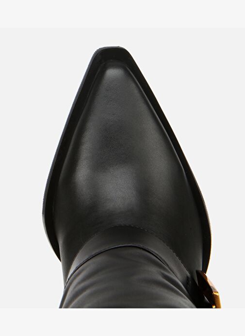 Kadın Deri Siyah Pantolon Görünümlü Gold Tokalı Kalın Topuklu Bot 01BOH315280A100 - Görsel 6