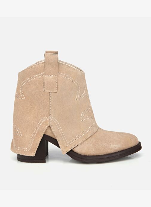 Kadın Süet Deri Bej Dikiş Detaylı Kovboy /Western Topuklu Bot 01BOH315740A310 - Görsel 2