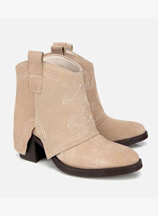 Kadın Süet Deri Bej Dikiş Detaylı Kovboy /Western Topuklu Bot 01BOH315740A310 - Görsel 3