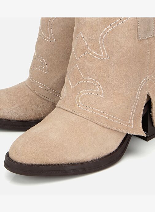 Kadın Süet Deri Bej Dikiş Detaylı Kovboy /Western Topuklu Bot 01BOH315740A310 - Görsel 4