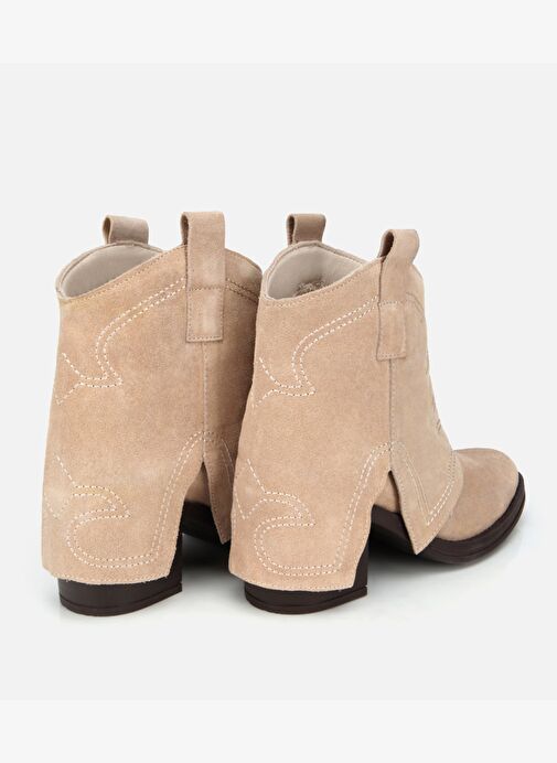 Kadın Süet Deri Bej Dikiş Detaylı Kovboy /Western Topuklu Bot 01BOH315740A310 - Görsel 5
