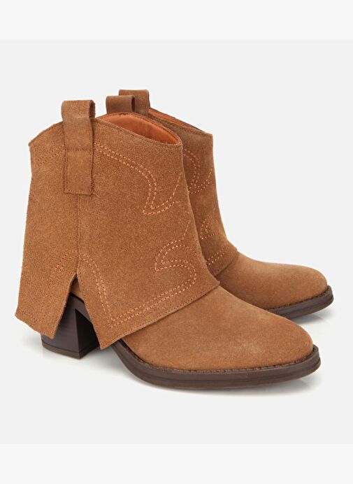 Kadın Süet Deri Taba Dikiş Detaylı Kovboy /Western Topuklu Bot 01BOH315740A370 - Görsel 3