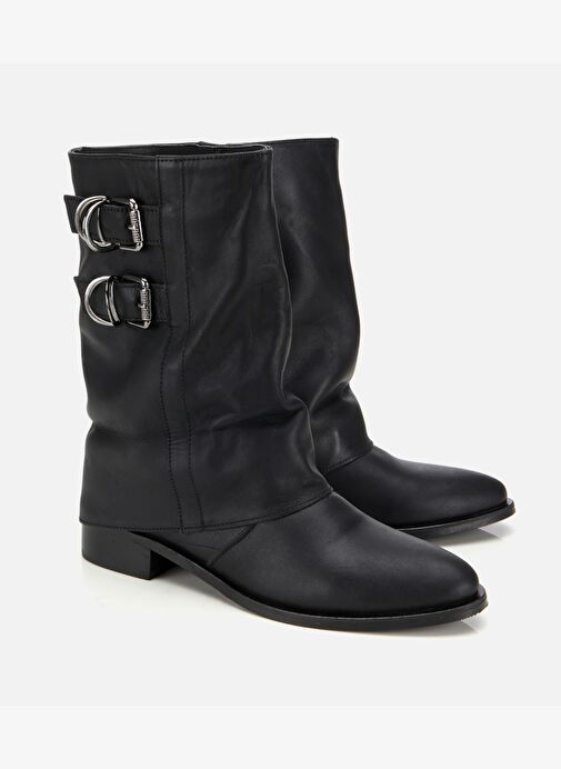 Kadın Deri Siyah Tokalı Kırışık Görünümlü Kovboy/Western Düz Bot 01BOH315750A100 - Görsel 3