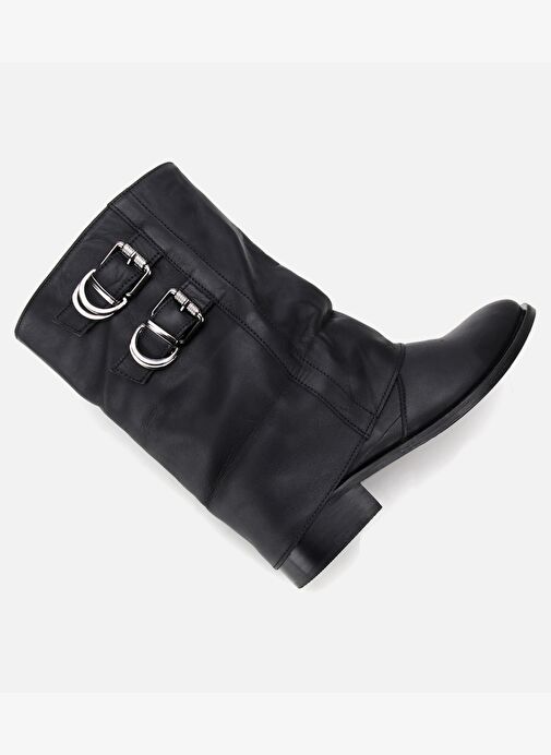 Kadın Deri Siyah Tokalı Kırışık Görünümlü Kovboy/Western Düz Bot 01BOH315750A100 - Görsel 7
