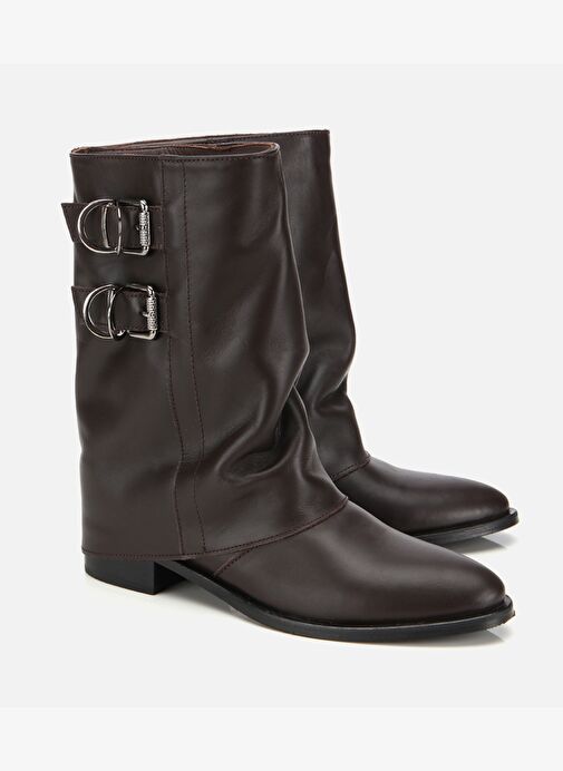 Kadın Deri Kahverengi Tokalı Kırışık Görünümlü Kovboy/Western Düz Bot 01BOH315760A480 - Görsel 3