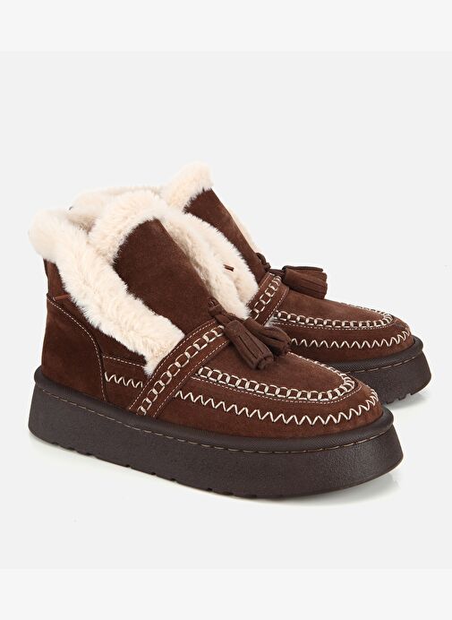 Hotiç Hotiç Kadın Süet Deri Kahverengi İçi Kürklü Püskül Detaylı Düz Bot 01BOH316860A480 | Boyner Kahverengi - 3. görsel