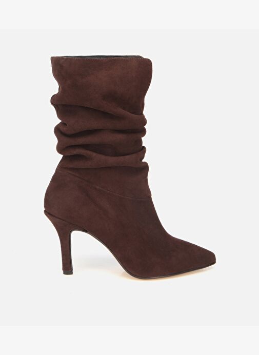 Kadın Süet Deri Kahverengi Büzgülü Sivri Burunlu İnce Topuklu Bot 01BOH317940A480 - Görsel 2