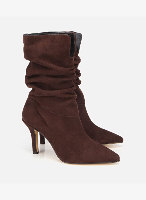 Kadın Süet Deri Kahverengi Büzgülü Sivri Burunlu İnce Topuklu Bot 01BOH317940A480 - Görsel 3