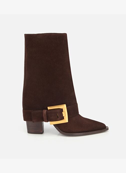 Kadın Süet Deri Kahverengi Pantolon Görünümlü Gold Tokalı Topuklu Bot 01BOH317980A480 - Görsel 2