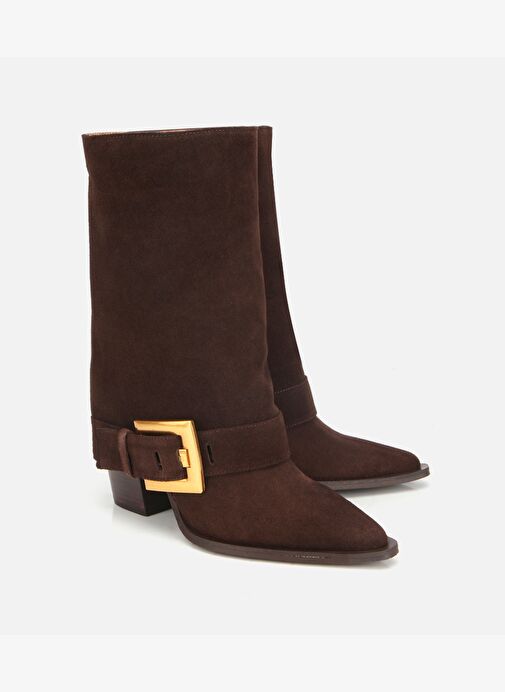 Kadın Süet Deri Kahverengi Pantolon Görünümlü Gold Tokalı Topuklu Bot 01BOH317980A480 - Görsel 3