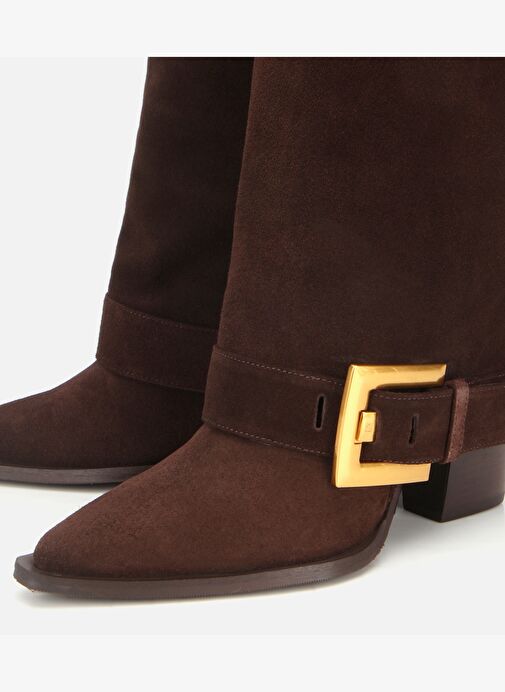 Kadın Süet Deri Kahverengi Pantolon Görünümlü Gold Tokalı Topuklu Bot 01BOH317980A480 - Görsel 4