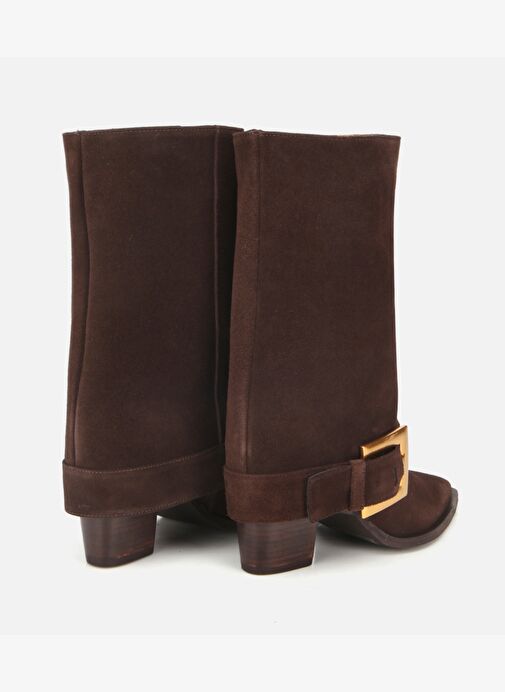 Kadın Süet Deri Kahverengi Pantolon Görünümlü Gold Tokalı Topuklu Bot 01BOH317980A480 - Görsel 5