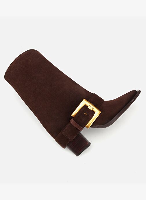 Kadın Süet Deri Kahverengi Pantolon Görünümlü Gold Tokalı Topuklu Bot 01BOH317980A480 - Görsel 7