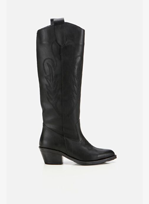 Kadın Siyah İşlemeli Kalın Topuklu Çizme - Görsel 2