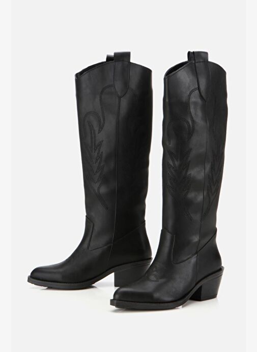 Kadın Siyah İşlemeli Kalın Topuklu Çizme - Görsel 5